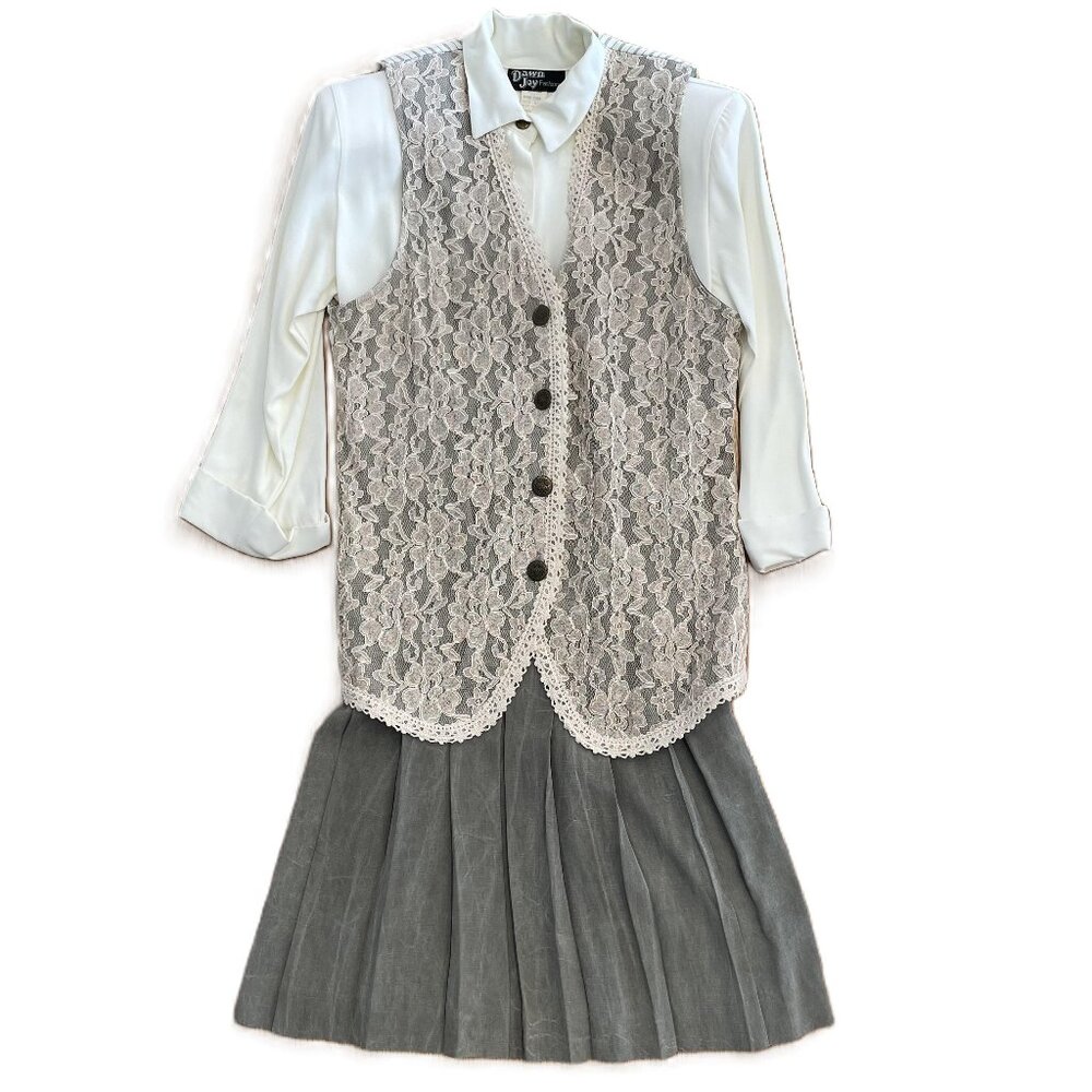Vtg 90s Dawn Joy Floral Lace Vest Dress Set Sage Green Cream Size 6 Cottagecore